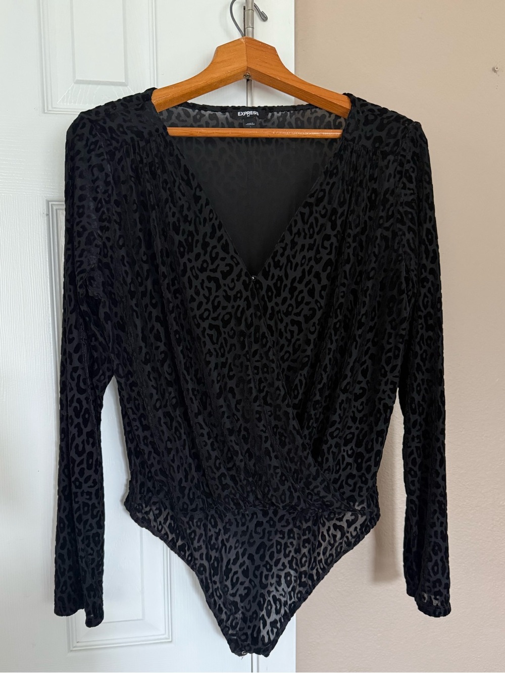 Express Black Leopard-Print Faux-Wrap Long-Sleeve Bodysuit